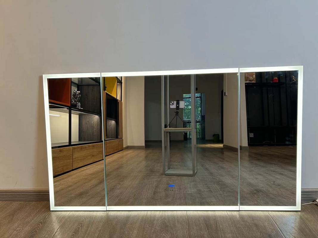 Porta armadio specchio intelligente con frigorifero tutte le luci LED in alluminio toccare aperto luci smogging